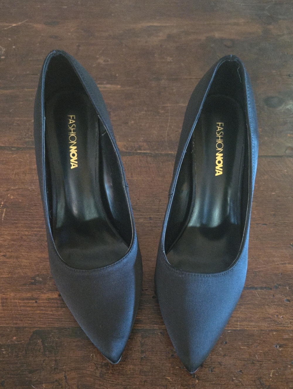 Fashion Nova Black Satin Pointed Toe Pumps